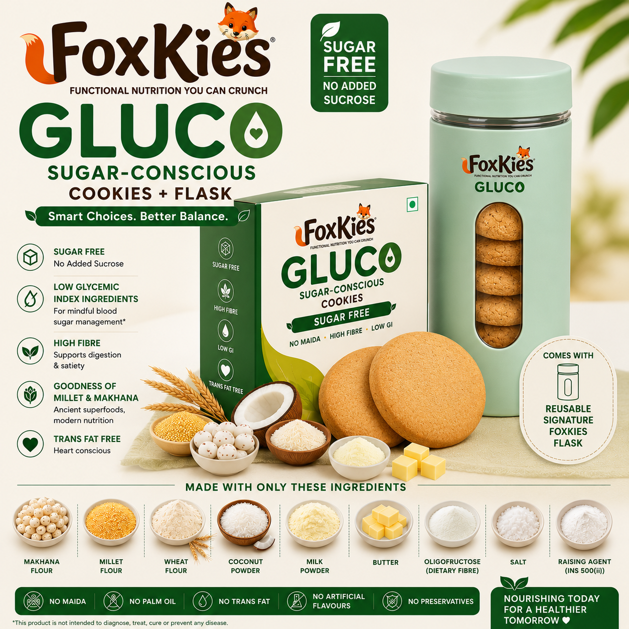 FoxKies GLUCO SuperFood — Sugar-Conscious 100gm Cookies + Flask — healthy sugar-free cookies