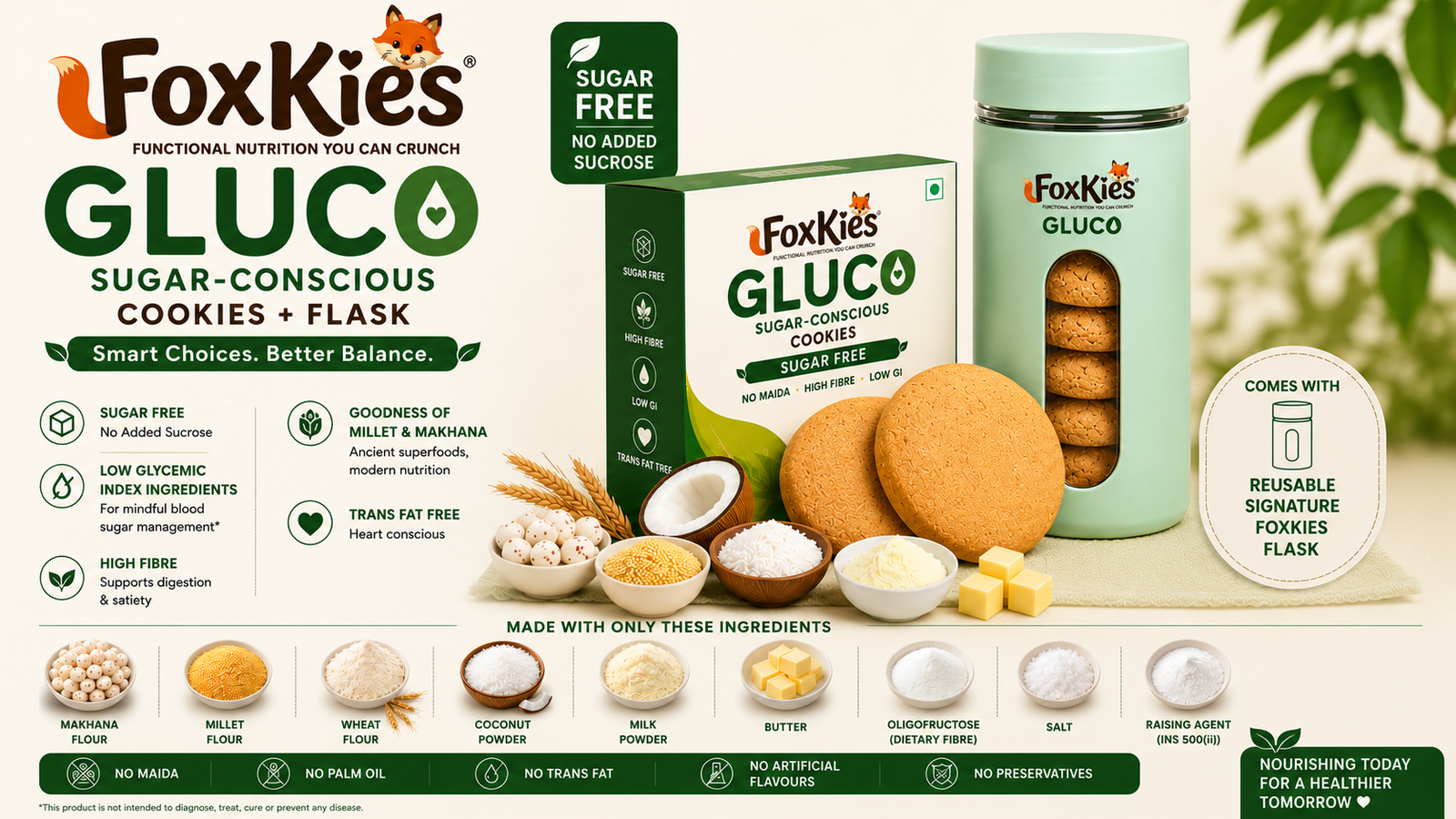 FoxKies GLUCO SuperFood — Sugar-Conscious 100gm Cookies + Flask