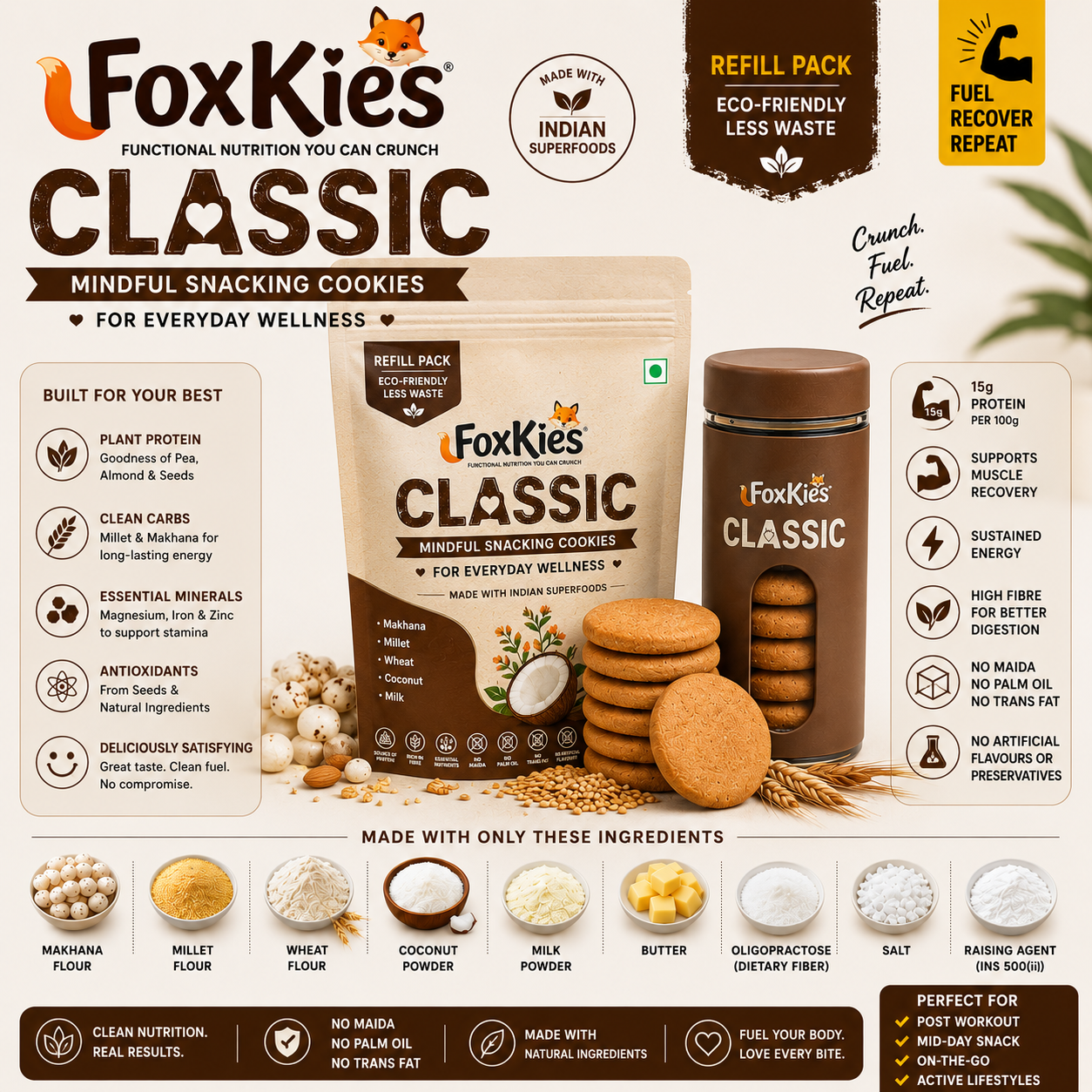 FoxKies CLASSIC SuperFood — Healthy Snacking 100 gm Cookies + Flask — healthy sugar-free cookies